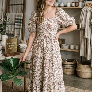 Mikarose Cream Floral Square-Neck Maxi Dress with Puff Sleeves